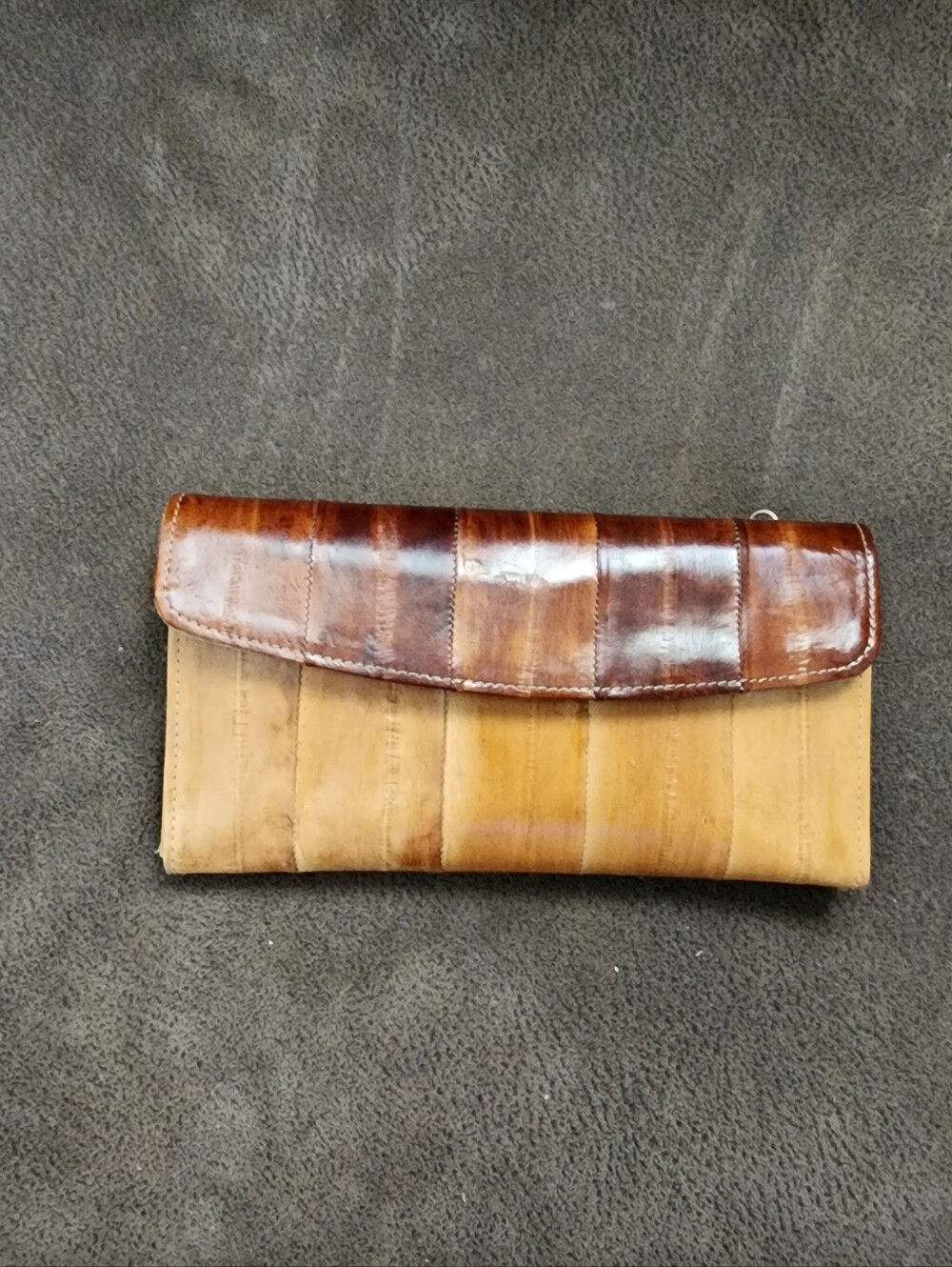 Buxton Two-Tone Eel Skin Leather Clutch in Brown and Tan